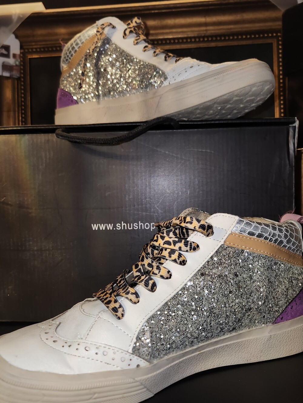 ShuShop Women’s Glitter High-Top Sneakers in Silver and Purple